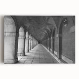 Black and white stretched canvas featuring a bustling Madrid street scene, ideal for kitchen wall art or bedroom decor.