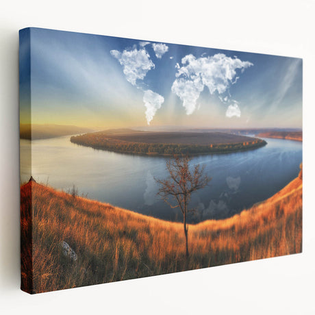 Large canvas print of a serene Ukrainian landscape in muted green and blue tones, ideal for kitchen wall art.