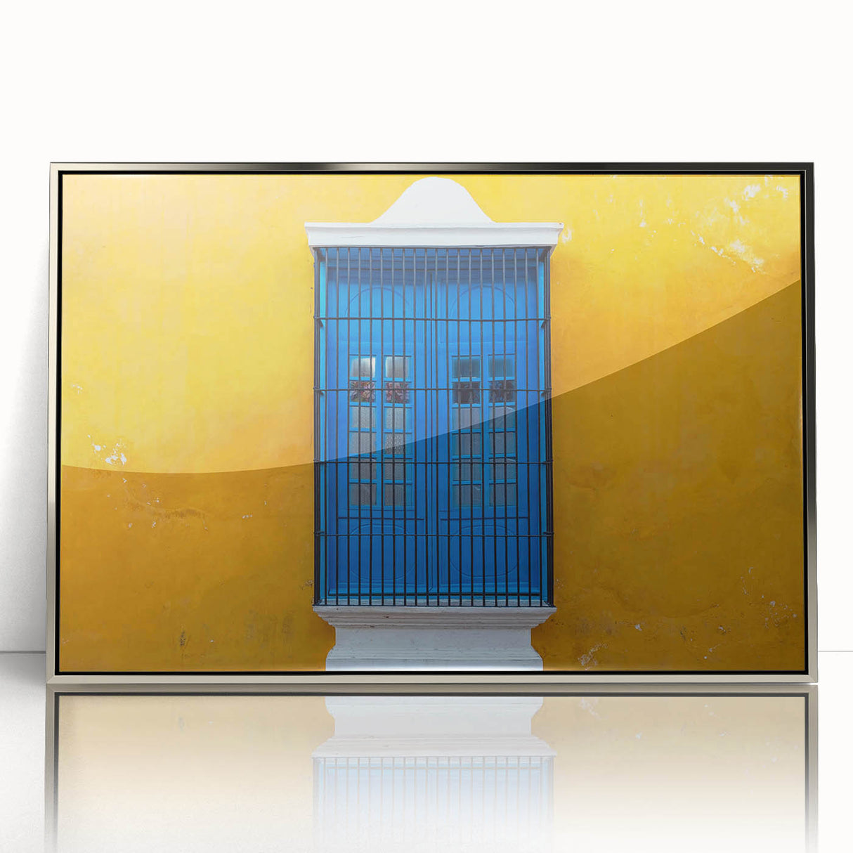 Mid-century modernist art depicting Yucatan scenery in silver framed acrylic, suitable for nursery wall art.