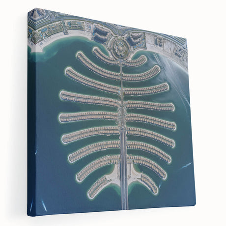 Side view of a stretched canvas showing a vibrant Dubai skyline in twilight hues, ideal for kitchen wall art.