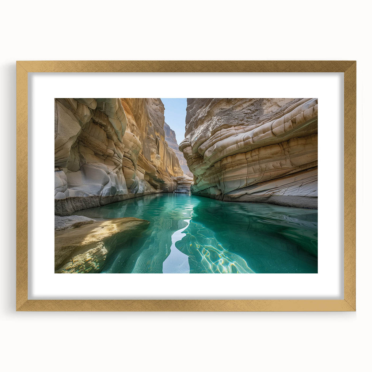 Extra large abstract art print featuring textured scenery of Middle-East Iran in muted earth tones, framed in gold.