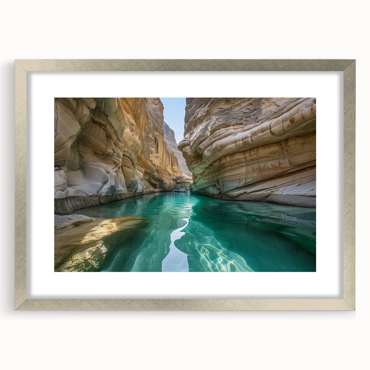 Textured art depicting an abstract Middle Eastern scenery in muted earth tones, framed with a silver mat.