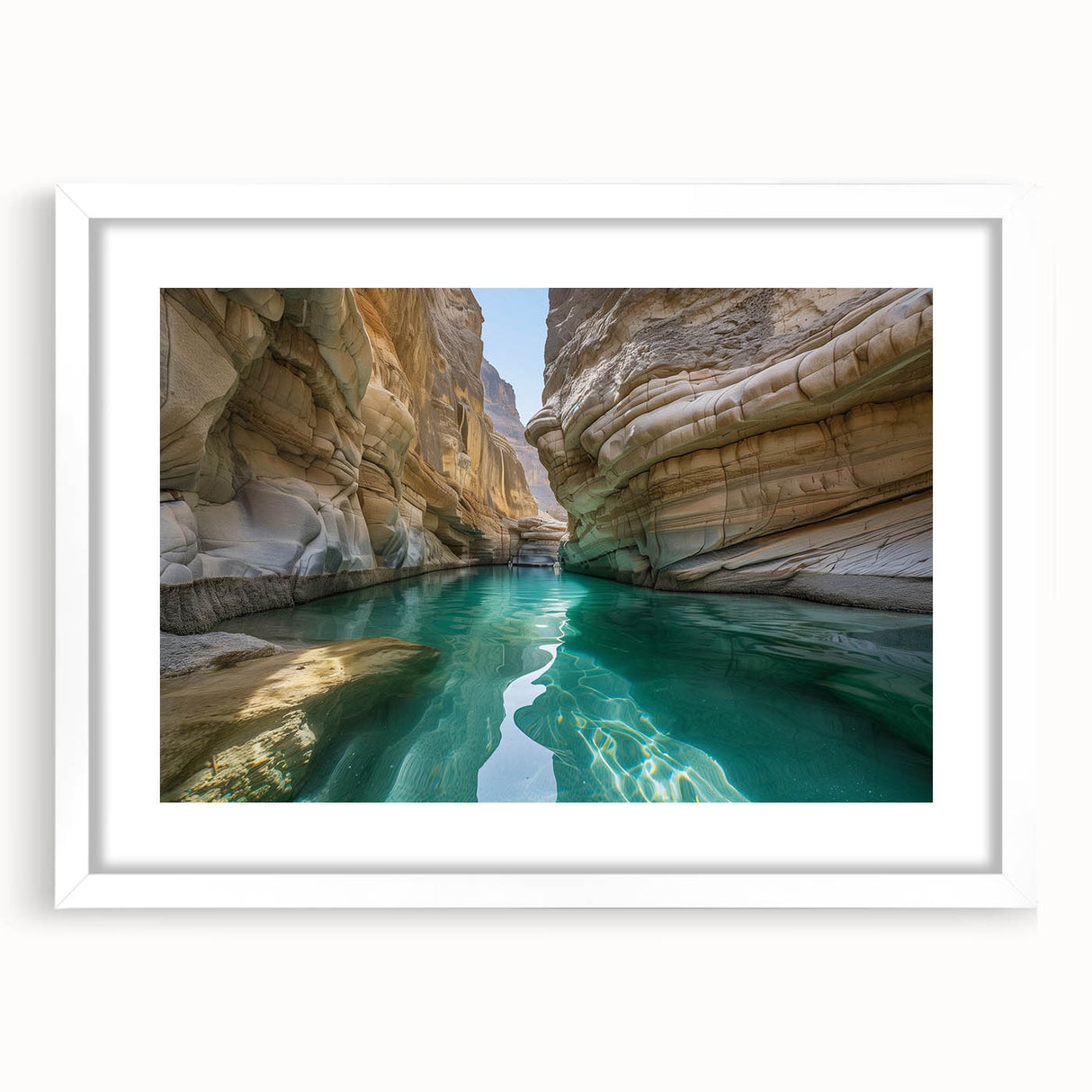 Abstract art print of a Middle Eastern landscape in muted earth tones on a white framed canvas, ideal for dining room decor.