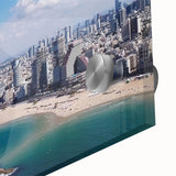 Large abstract wall art of Tel Aviv scenery in muted earth tones on acrylic glass, suitable for dining room decor.