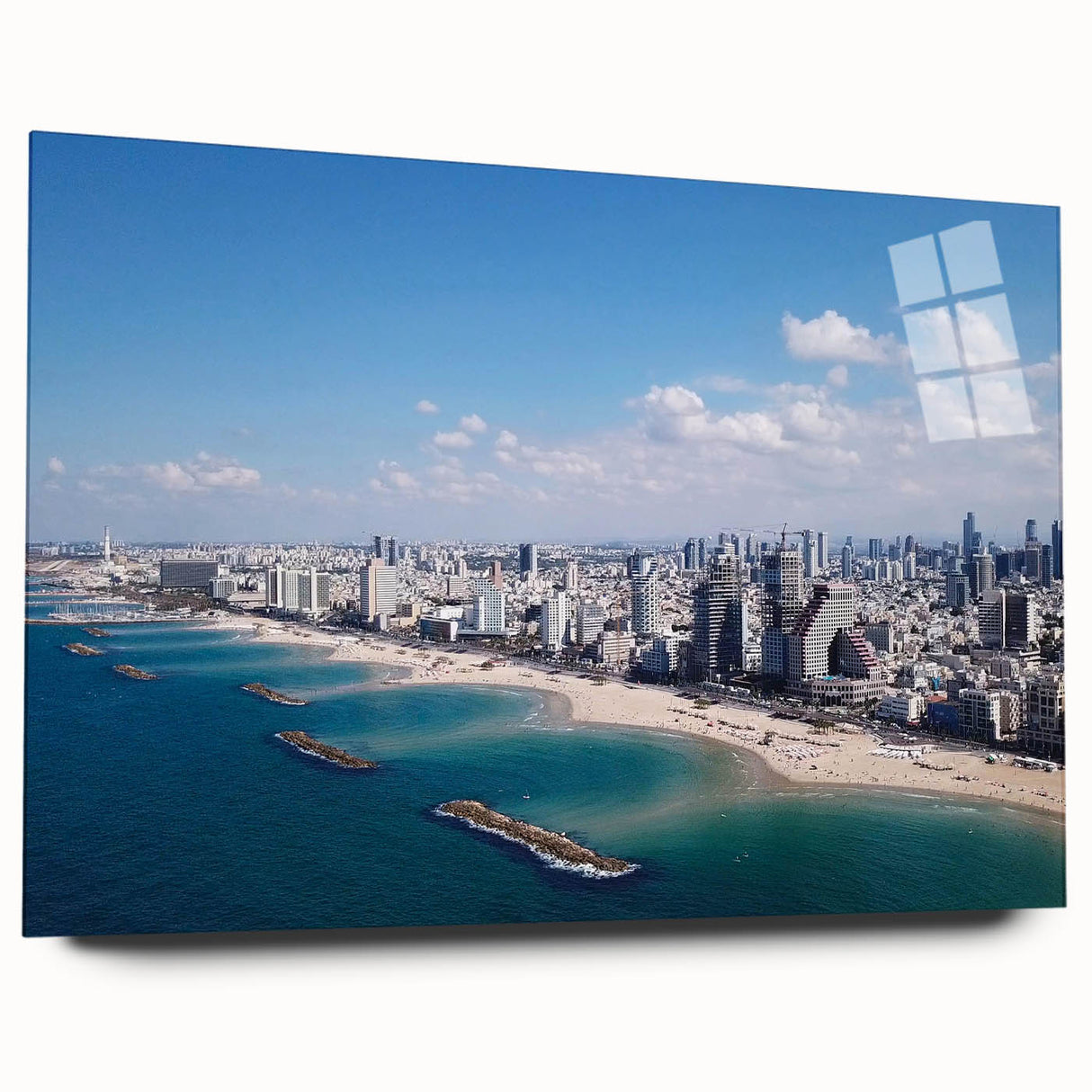 Large abstract wall art of Tel Aviv skyline in muted gray and blue tones on acrylic glass.