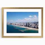 Extra large abstract art print of Tel Aviv skyline in textured gold tones on a framed canvas, ideal for living room decor.