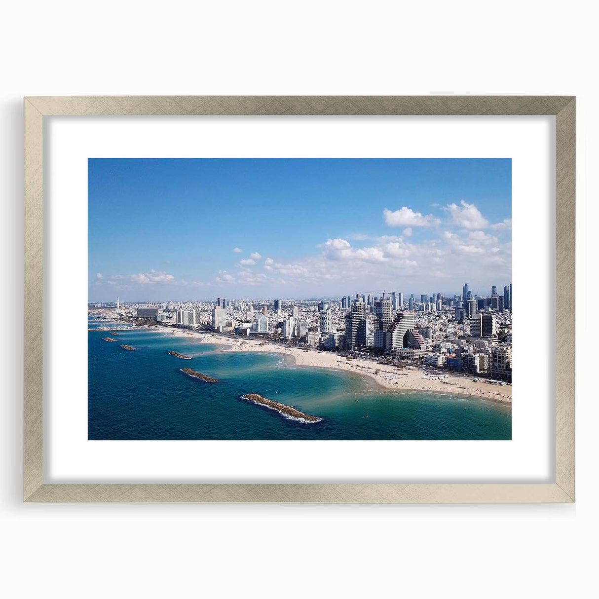 Abstract textured art print of Tel Aviv skyline in muted earth tones on framed canvas, suitable for bedroom decor.