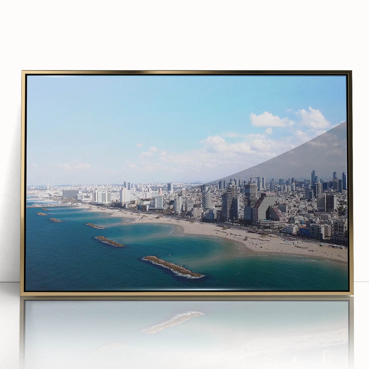Framed acrylic print of Tel Aviv skyline in gold and blue tones, ideal for modern art wall decor.