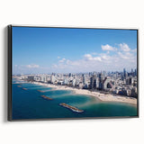 Black and white framed canvas of Tel Aviv landscape, ideal for bedroom wall art in vintage poster style.