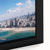 Extra large framed canvas featuring a textured depiction of Tel Aviv with a palette of black and colorful art.