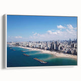 Vintage poster art of Tel Aviv skyline in vibrant colors on a large framed canvas, ideal for living room decor.