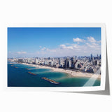 Tel Aviv cityscape in muted earth tones on a large rolled canvas, suitable for dining room wall art.