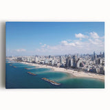 Black and white stretched canvas of Tel Aviv skyline, suitable for kitchen wall art.
