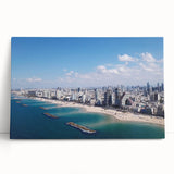 Black and white stretched canvas of Tel Aviv skyline, ideal for kitchen wall art or bedroom ambiance.