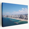 Tel Aviv cityscape in muted earth tones on a large stretched canvas, suitable for kitchen wall art.