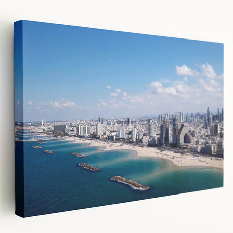 Tel Aviv cityscape in muted earth tones on a large stretched canvas, suitable for kitchen wall art.