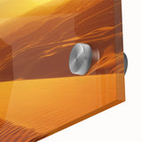 Large abstract wall art of Abu Dhabi skyline in muted earth tones on acrylic glass, ideal for dining room ambiance.
