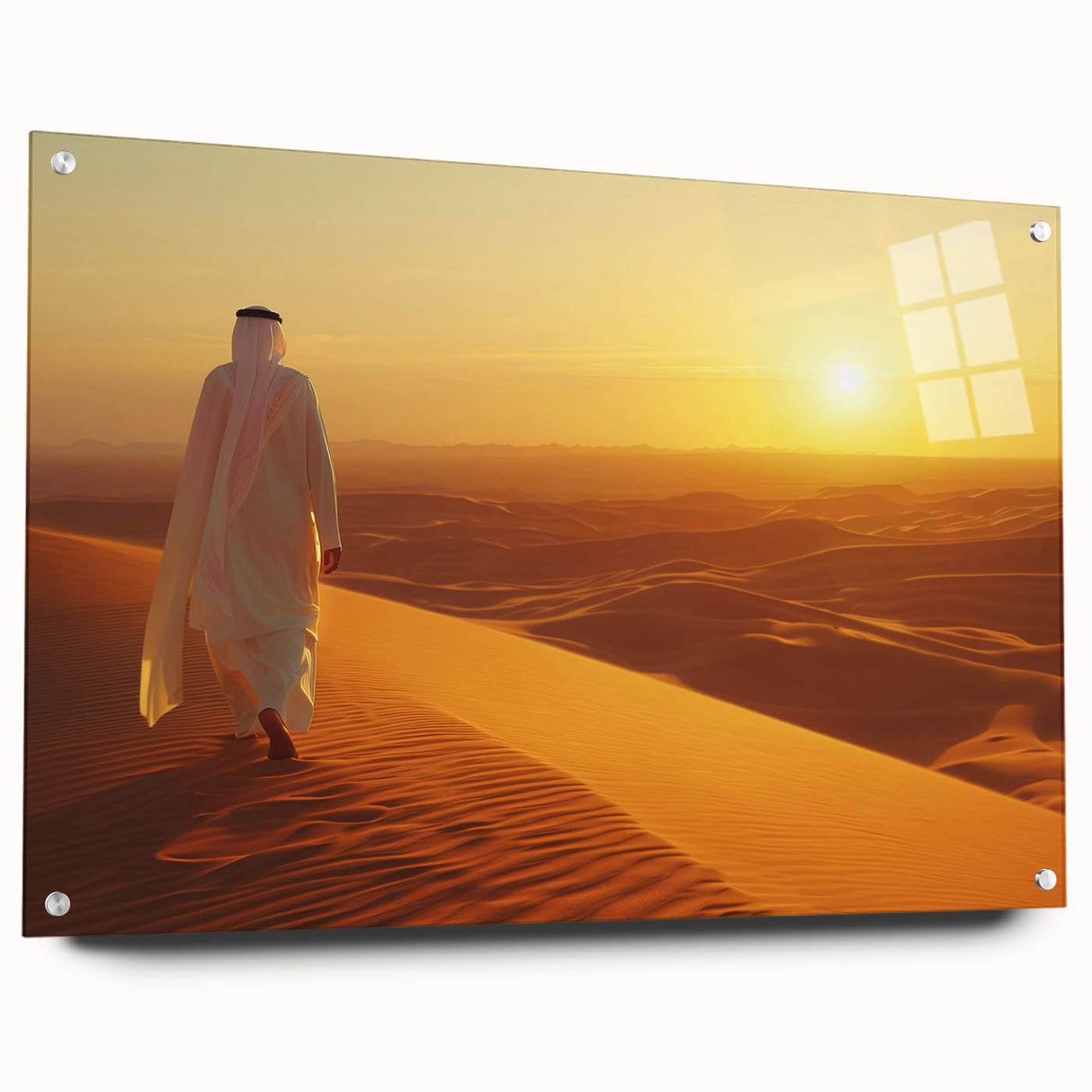 Large abstract wall art of Abu Dhabi skyline in muted gray on acrylic glass, ideal for modern bedroom or dining room decor.