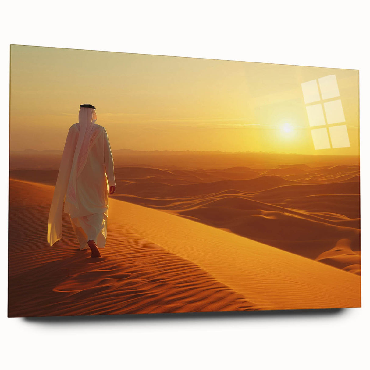 Large abstract wall art of Abu Dhabi skyline in muted blue and gray, acrylic print, ideal for bedroom or dining room decor.