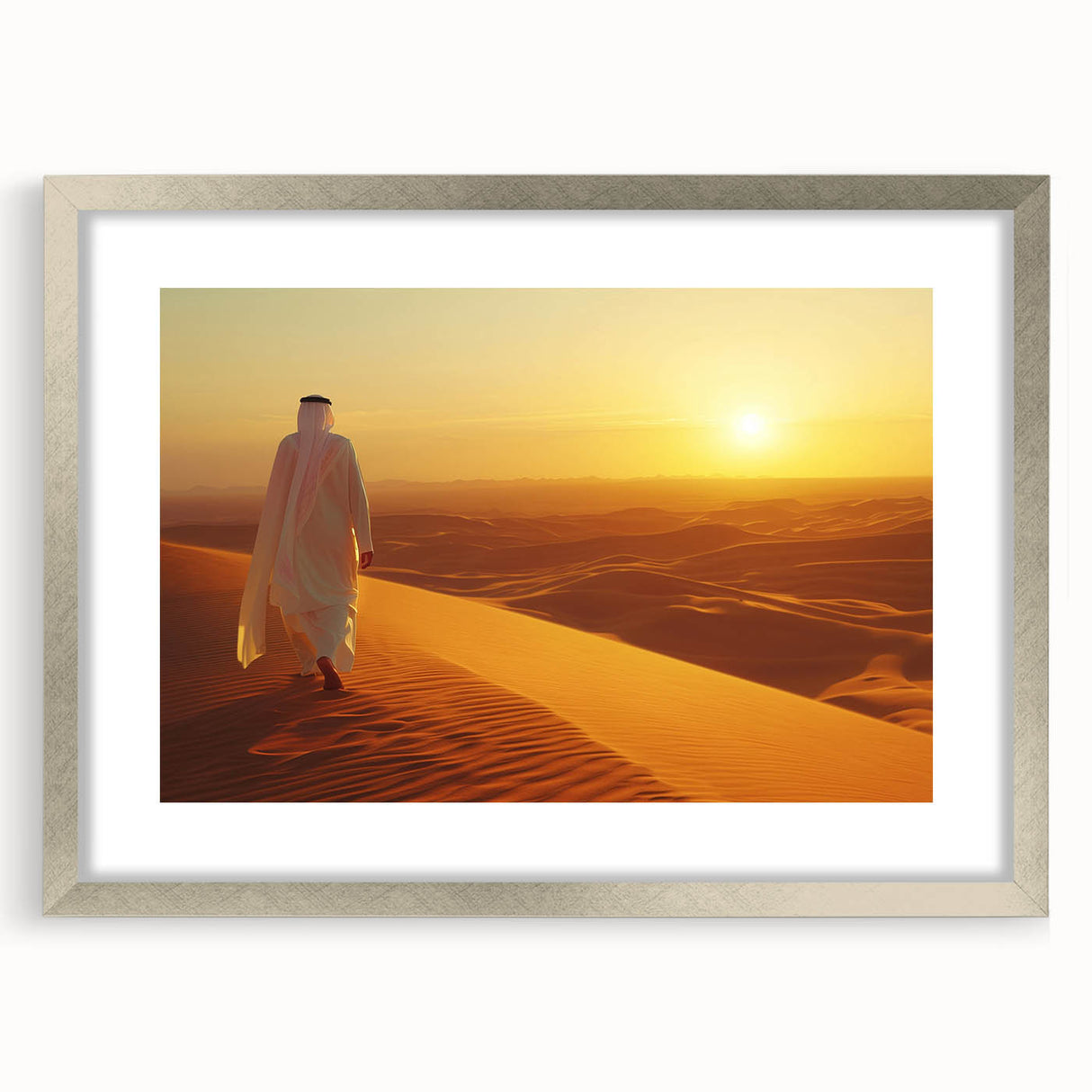Textured abstract art print of Abu Dhabi scenery in muted earth tones on a framed canvas, suitable for bedroom art.