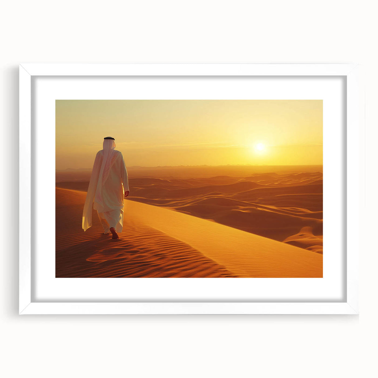 Abstract art print of Abu Dhabi skyline in muted blue and gray, framed with a white mat.