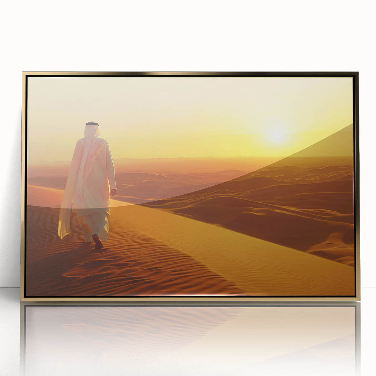 Mid-century modernist style large art print of Abu Dhabi skyline in gold and blue tones on framed acrylic.