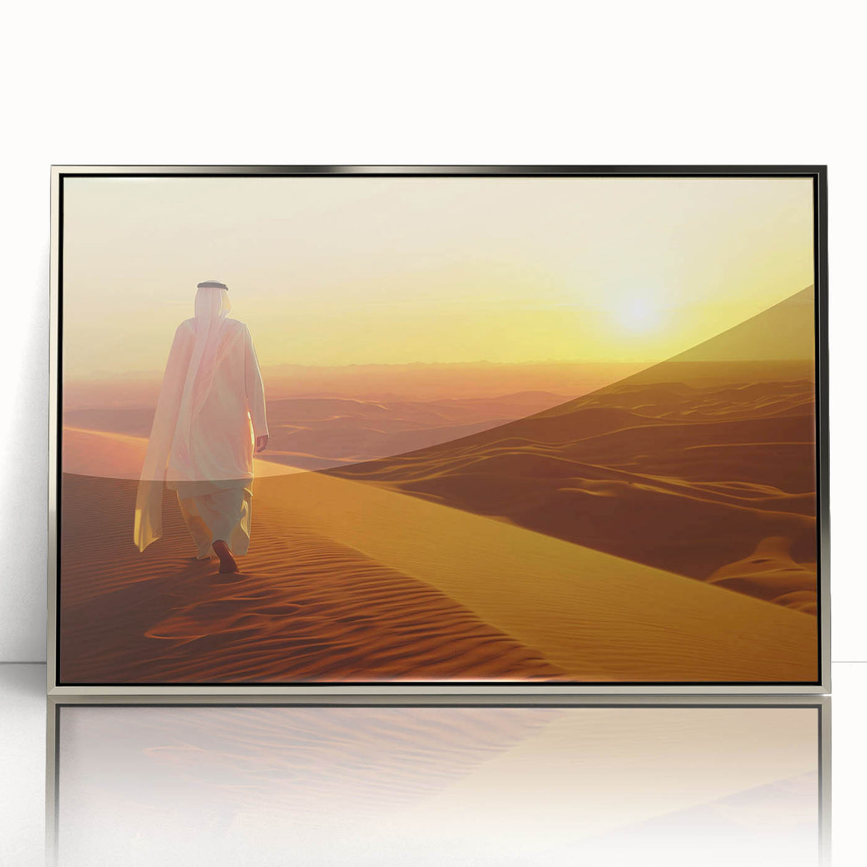 Mid-century modernist art of Abu Dhabi skyline in muted silver tones, framed acrylic, suitable for modern art wall decor.