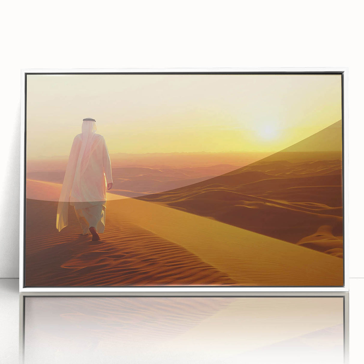 Art deco poster of the Abu Dhabi skyline in muted gray and blue tones, framed in white acrylic.