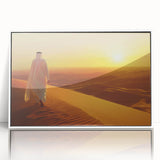 Art deco poster of the Abu Dhabi skyline in muted gray and blue tones, framed in white acrylic.