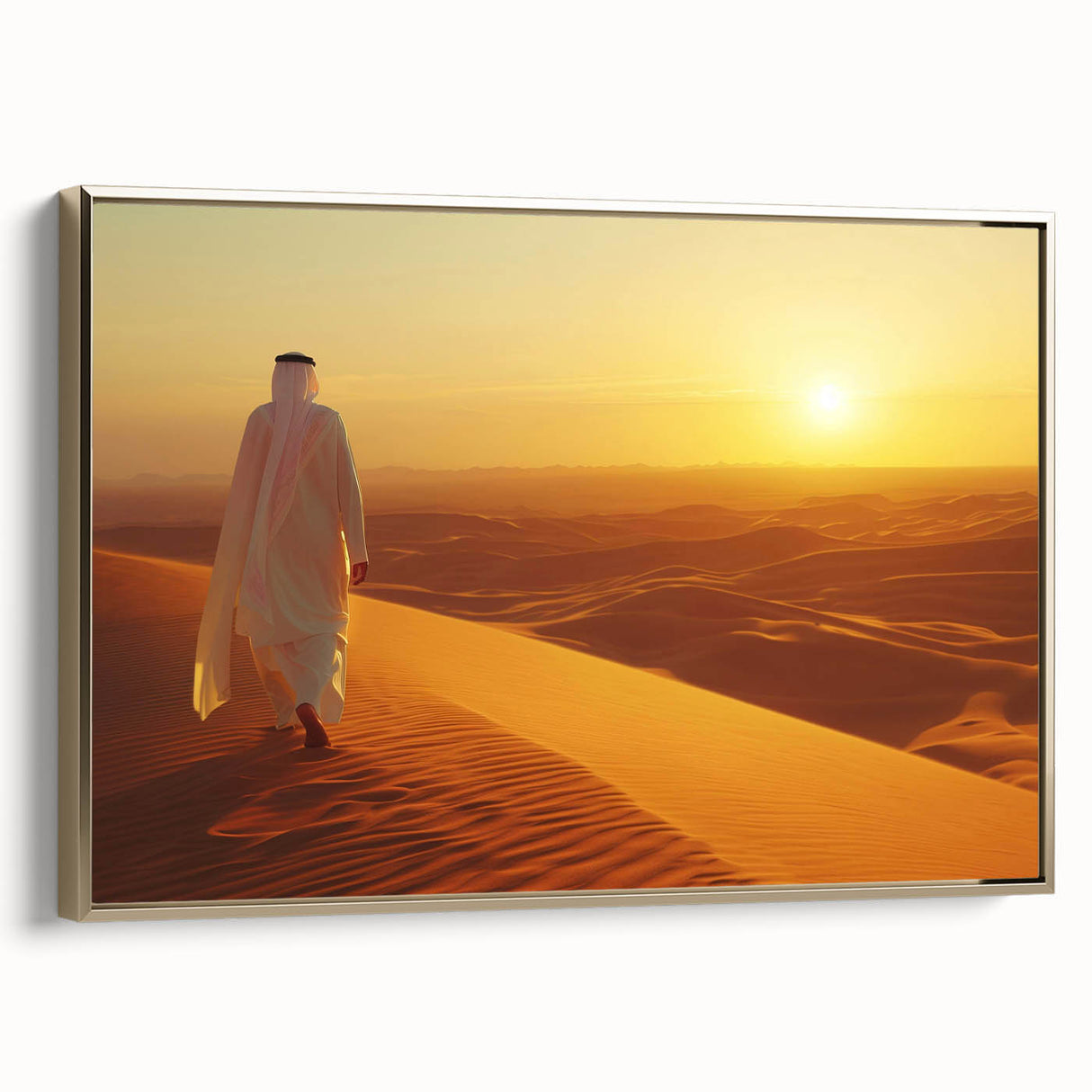 Framed canvas featuring a black and gold landscape painting of Abu Dhabi, ideal for bedroom wall art.