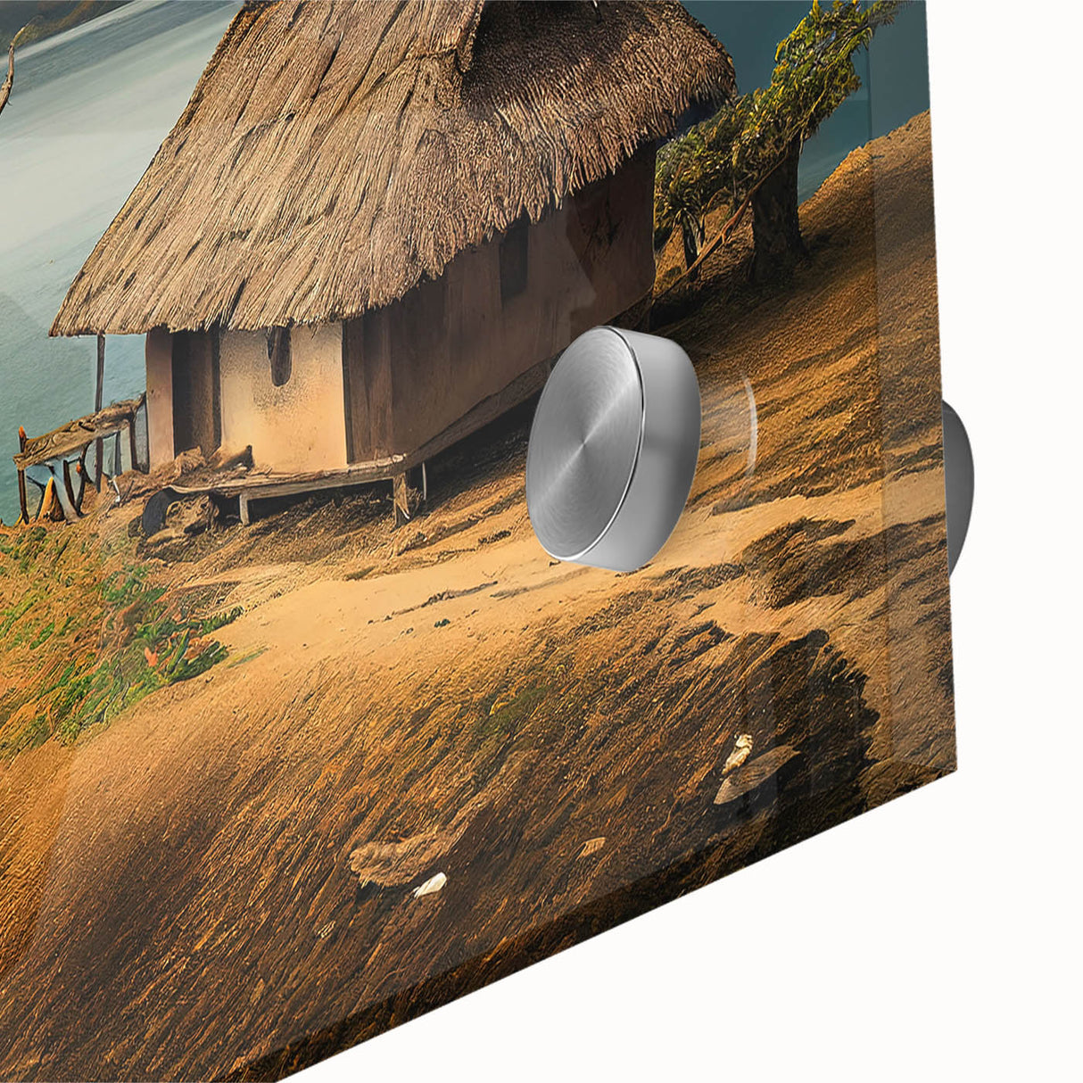 Large abstract wall art depicting the Oceania Fiji scenery in muted blue and green tones on acrylic glass.