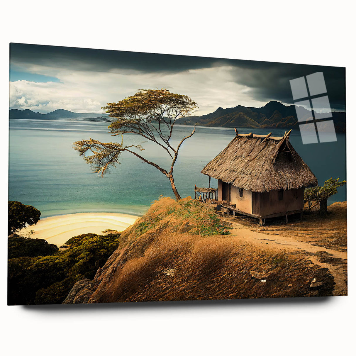 Large abstract wall art featuring oceanic blues and greens on acrylic glass, ideal for bedroom or dining room decor.