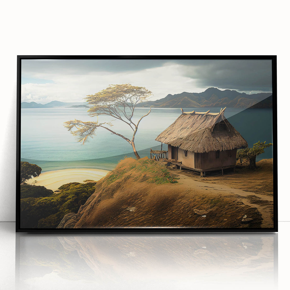 Large abstract wall art depicting an oceanic Fiji scenery in vibrant blue and green tones on a framed acrylic.