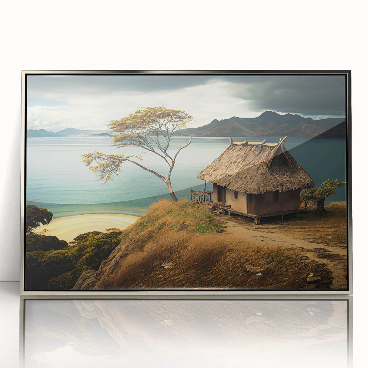 Mid-century modernist art depicting a serene Fiji landscape in muted blues and greens, framed in silver acrylic.