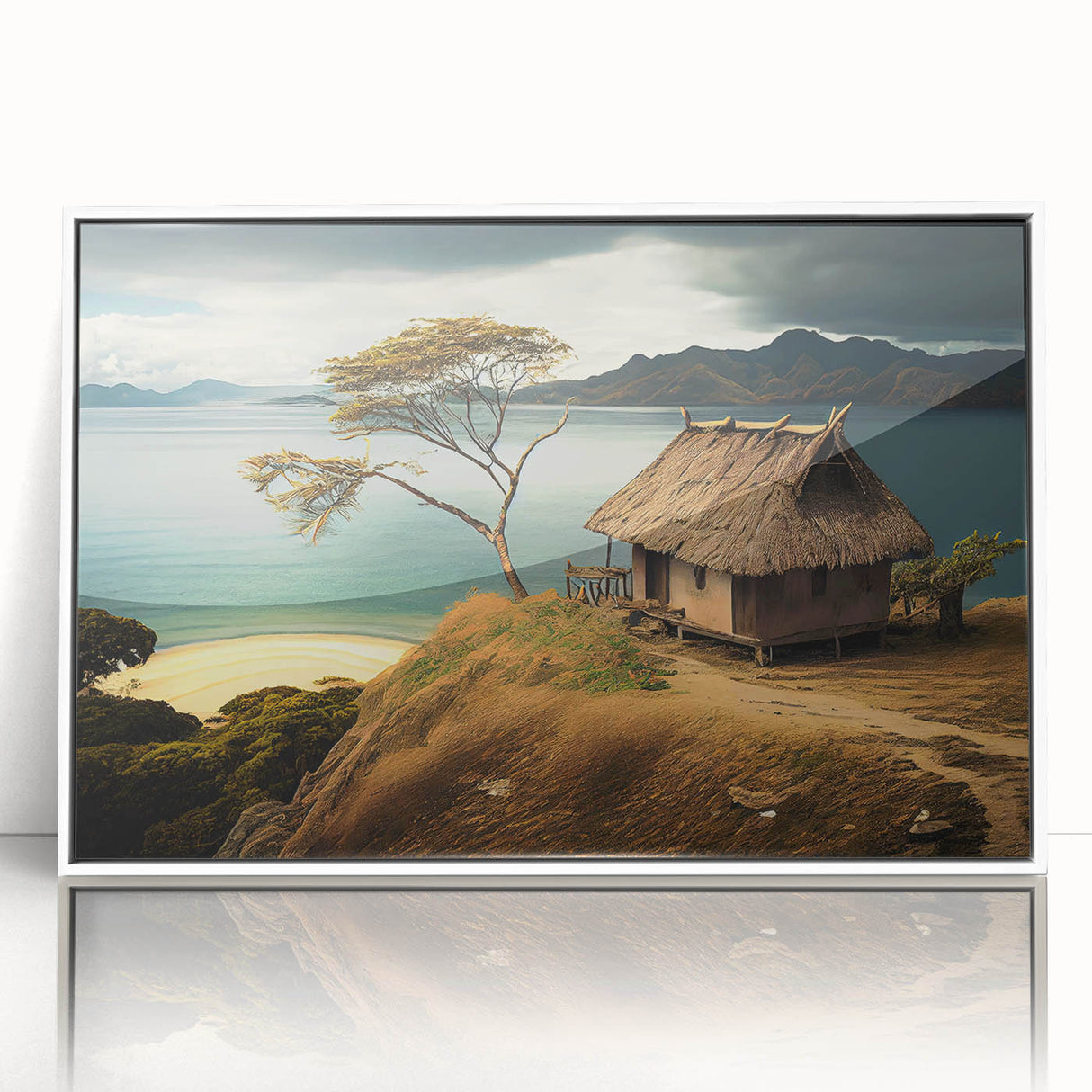 Art deco poster of Oceania, Fiji scenery in white acrylic frame, featuring serene blue and green tones.