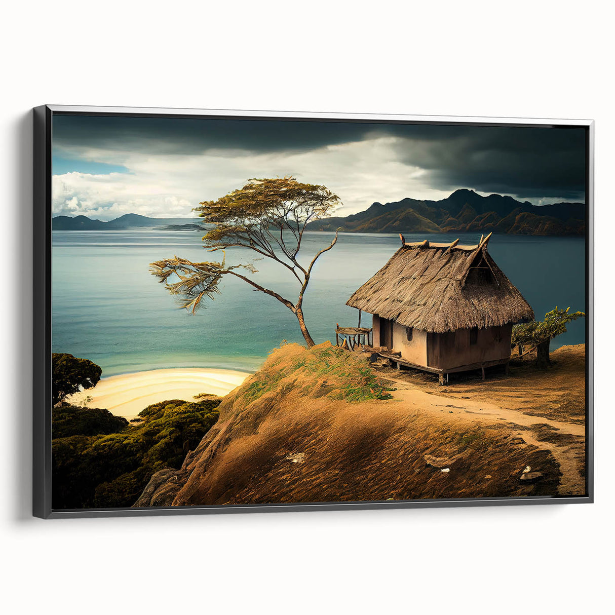 Black and white landscape art painting of a serene Fiji scenery on framed canvas, ideal for bedroom wall decor.