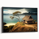 Black and white landscape art painting of a serene Fiji scenery on framed canvas, ideal for bedroom wall decor.