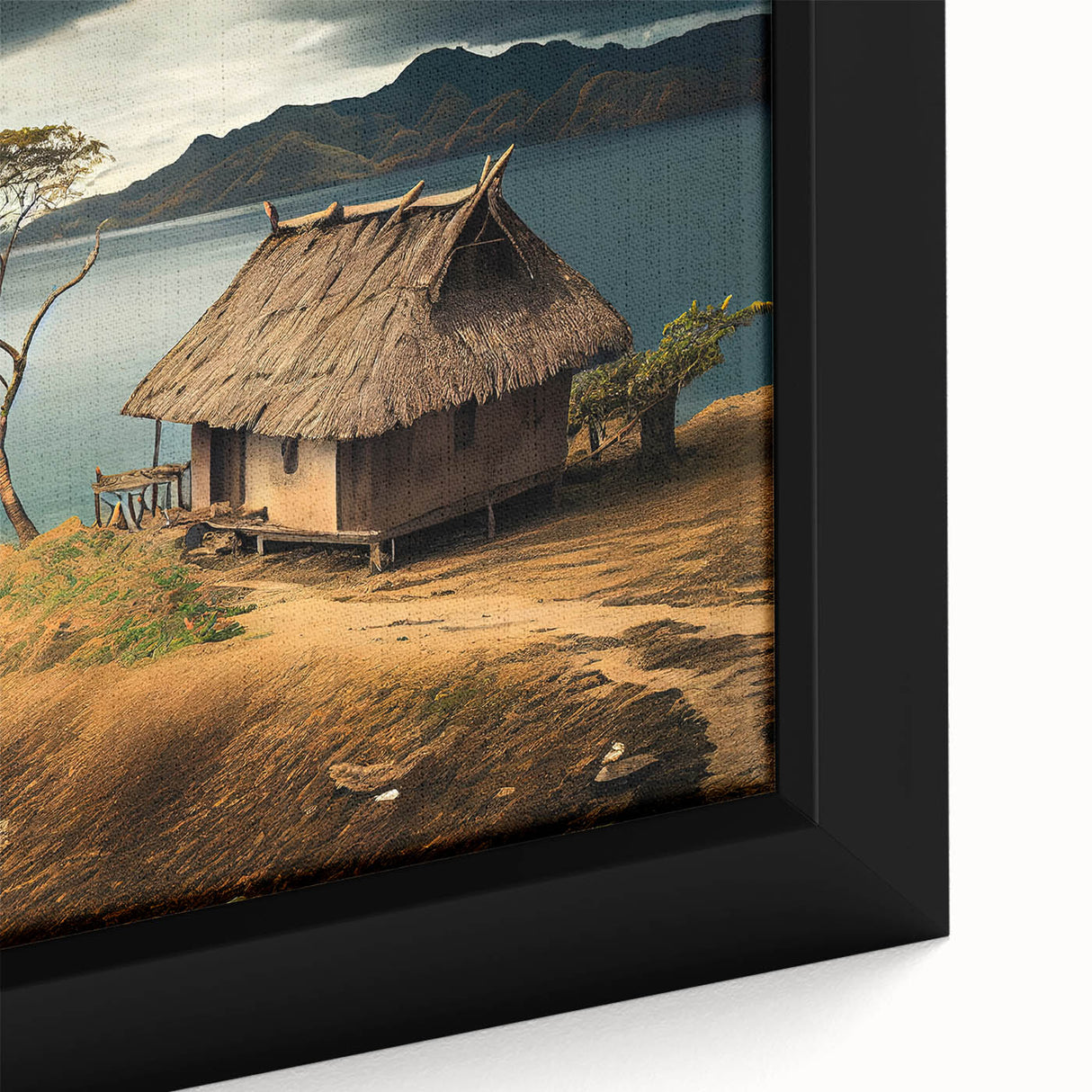 Black wall art depicting a vibrant Oceania Fiji scenery on a textured, framed canvas, ideal for living room decor.