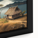 Black wall art depicting a vibrant Oceania Fiji scenery on a textured, framed canvas, ideal for living room decor.