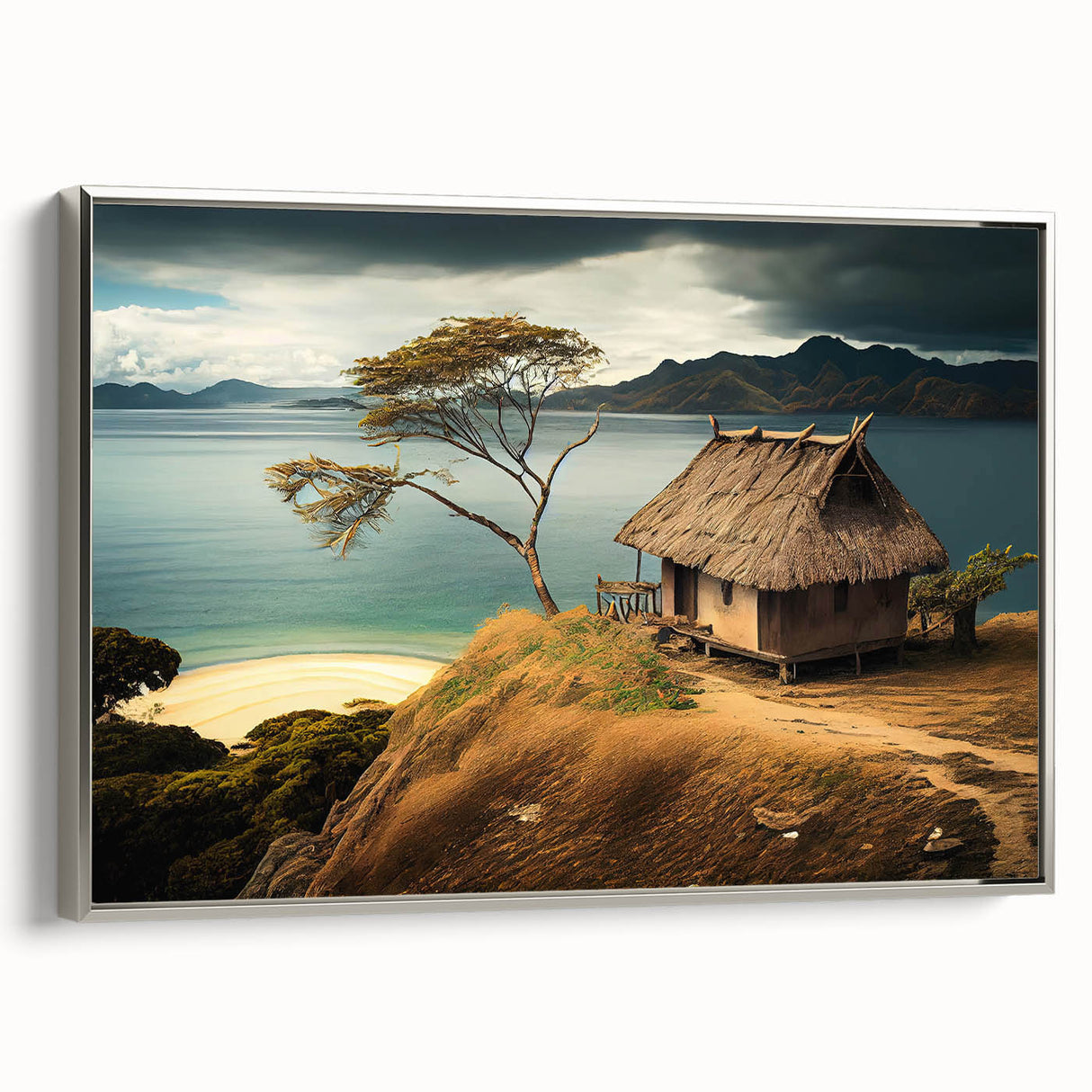 Framed canvas depicting a vintage-style landscape of Oceania, Fiji with vibrant ocean and sky tones.