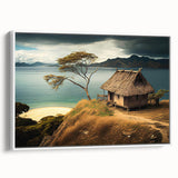 Vintage poster art of a scenic Fiji coastline on framed canvas, featuring vibrant blues and greens.