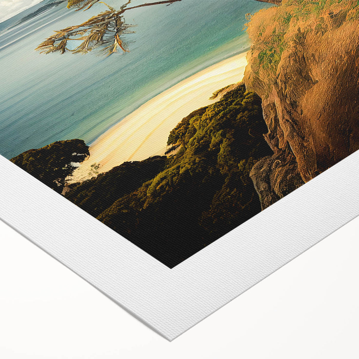 Art deco poster of a serene Fiji beach scene in soft blue and sandy hues on rolled canvas.