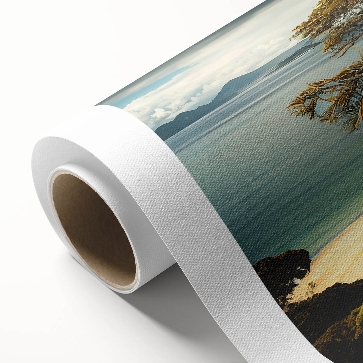 Art deco poster depicting a serene Fiji scenery in soft blue and green hues on rolled canvas, ideal for nursery wall art.