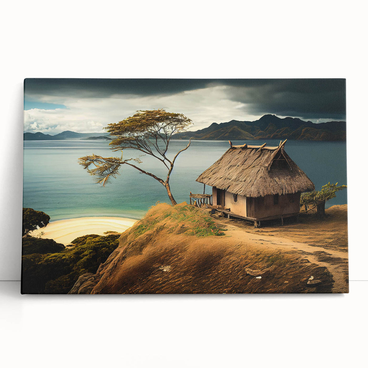 Black and white photograph of a serene Fiji beach scene on stretched canvas, ideal for kitchen wall art or bedroom ambiance.