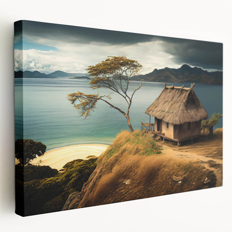 Large art depicting a serene Fiji ocean scene on stretched canvas, using soft blue and green hues.