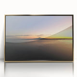 Mid-century modernist Auckland skyline in muted gold and blue tones, acrylic print framed in gold.