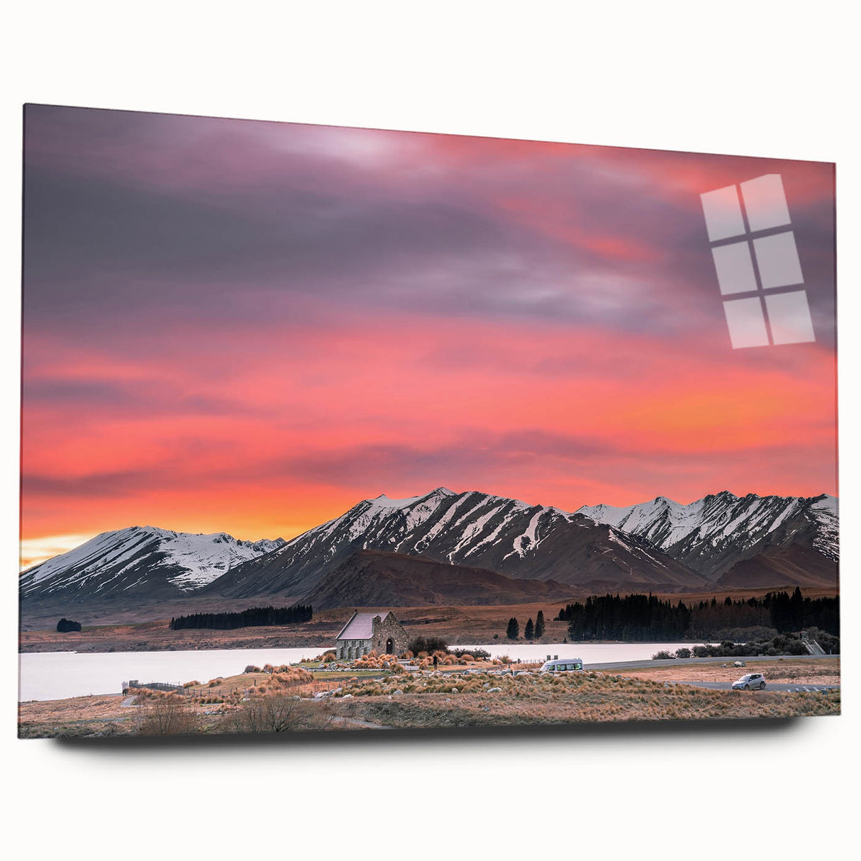 Large abstract wall art of Canterbury, New Zealand in muted blue and green tones on acrylic glass.