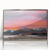 Large art print of Canterbury, New Zealand landscape in muted earth tones, framed in silver acrylic.