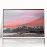 Mid-century modernist art of Canterbury, New Zealand scenery on a white framed acrylic, featuring muted earth tones.