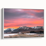 Vintage poster art of New Zealand Canterbury scenery in muted colors on white framed canvas, suitable for living room decor.